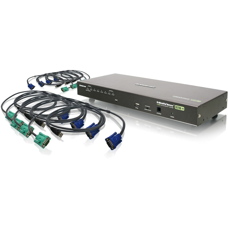 IOGEAR GCS1808KITU 8-port KVM switch with multiple USB KVM cables displayed, showing rack-mountable unit and connection interfaces