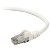 White Belkin Cat6 network cable with snagless RJ45 connector showing gold-plated contacts