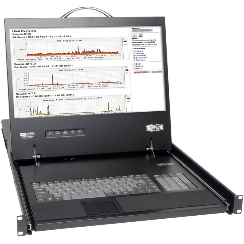 Tripp Lite NetCommander rackmount console showing system performance graphs and monitoring interface on 19-inch display with keyboard