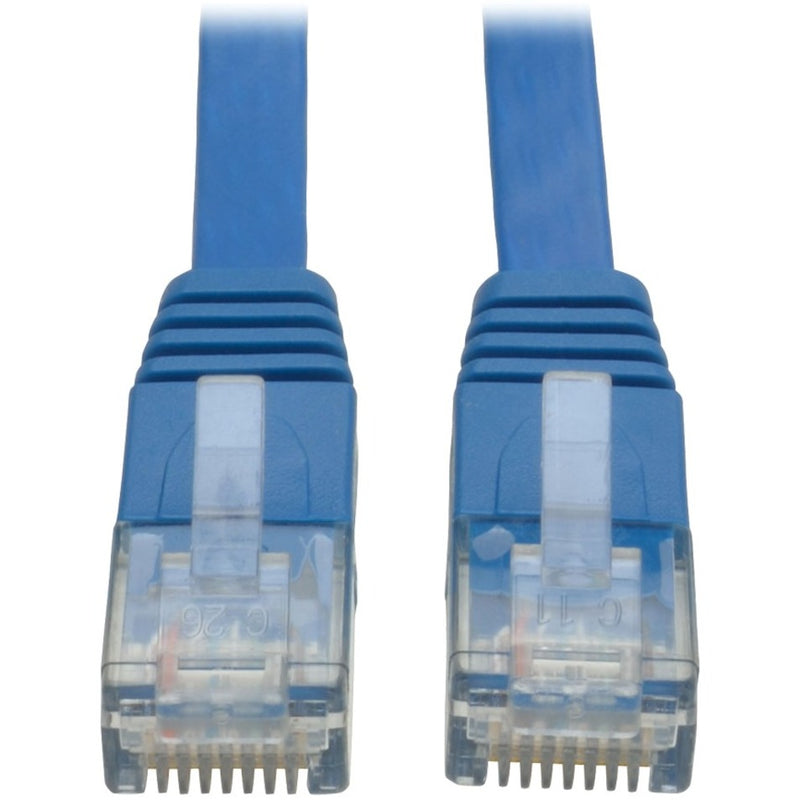 Close-up view of transparent RJ-45 connectors with snagless boots on blue flat Cat6 network cable