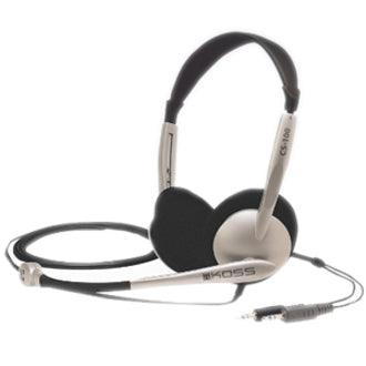 Koss CS100 binaural headset with silver and black design, featuring over-ear cushions and attached boom microphone-alternate-image1