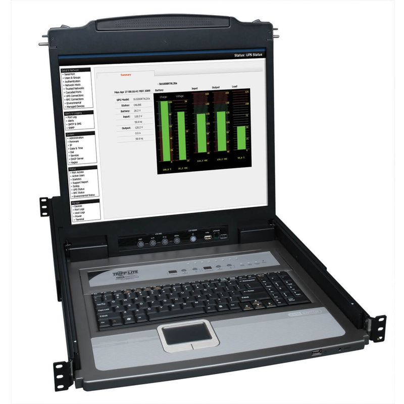 Tripp Lite NetDirector KVM console showing system monitoring interface on 19-inch LCD screen with integrated keyboard and touchpad