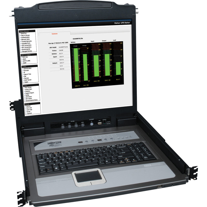 Tripp Lite KVM console displaying system monitoring dashboard with performance graphs