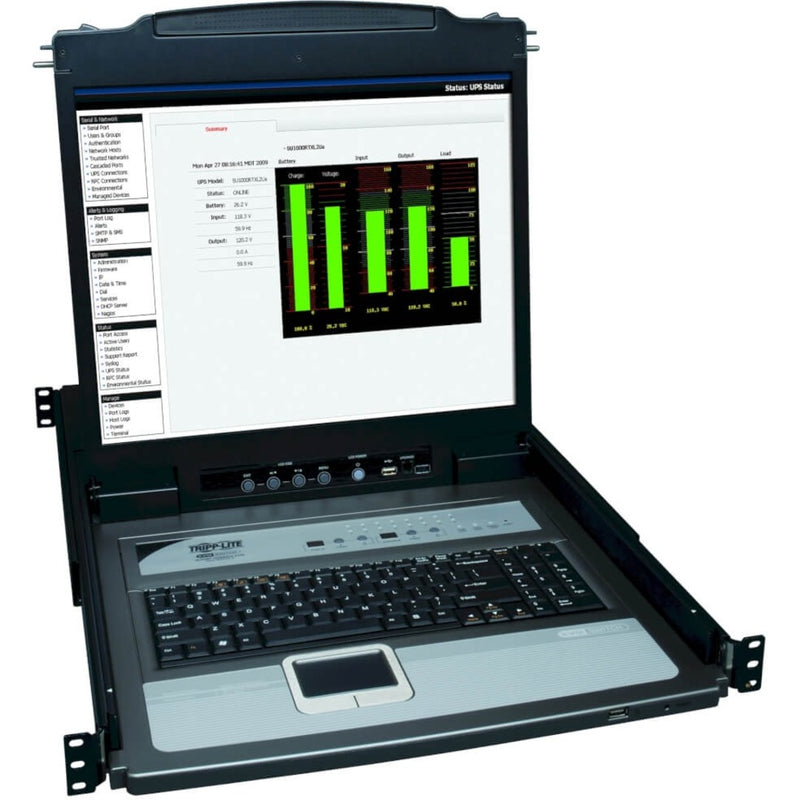 Tripp Lite NetDirector KVM console showing system monitoring interface on 19-inch LCD screen with integrated keyboard and touchpad