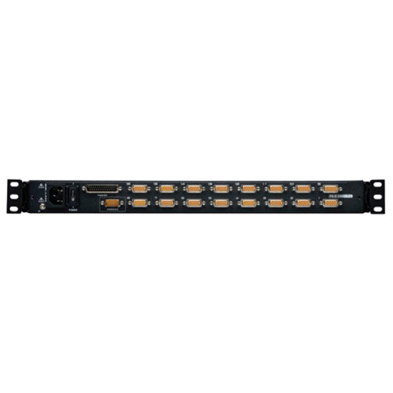 Rear view of Tripp Lite NetDirector KVM switch showing 16 ports for server connections