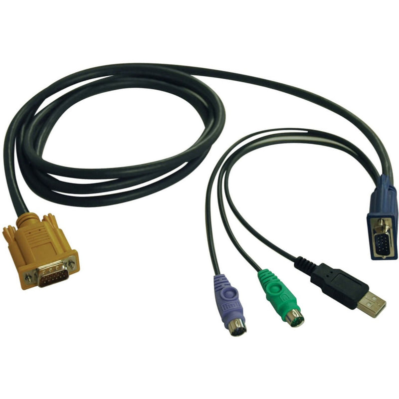 Tripp Lite P778-006 KVM combo cable showing HD-18 connector on one end and USB, PS/2, and HD-15 connectors on the other end