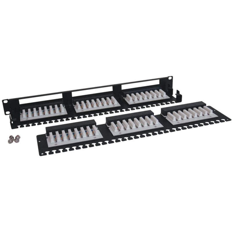 Exploded view of Tripp Lite patch panel components showing mounting brackets, termination blocks, and hardware