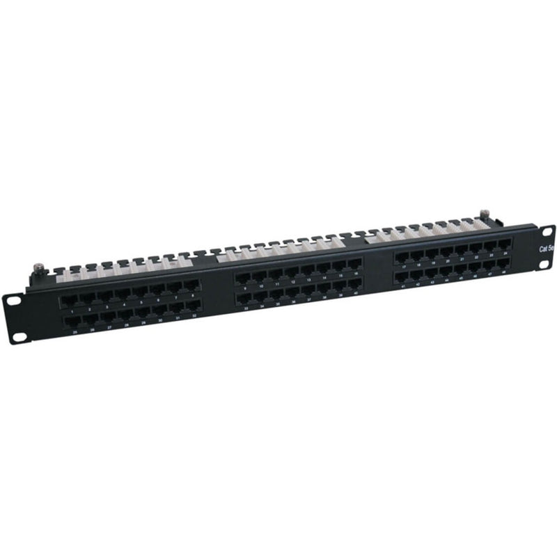 Front view of Tripp Lite N252-048-1U 48-port CAT6 patch panel showing numbered ports and rack mounting brackets