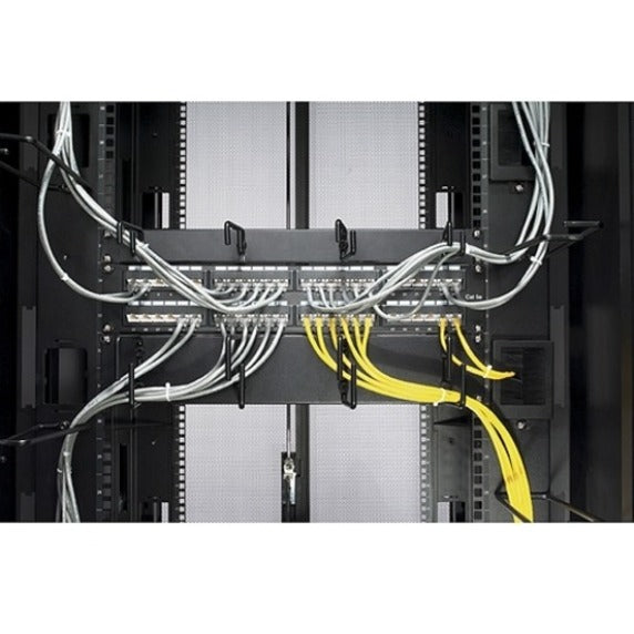 Front view of cable organizer showing organized distribution of yellow and gray cables in data center rack