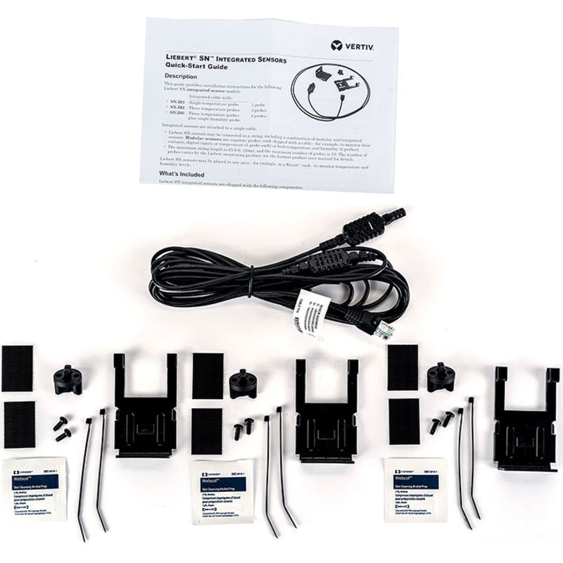 Complete installation kit displaying sensor cable, mounting brackets, fasteners, and quick-start guide