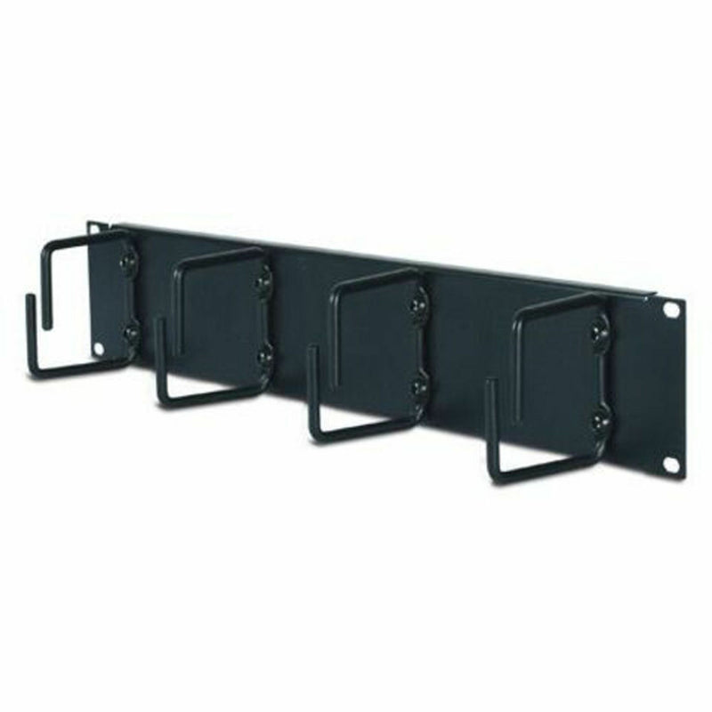 Black 2U horizontal cable organizer with four integrated cable management hoops mounted on rack