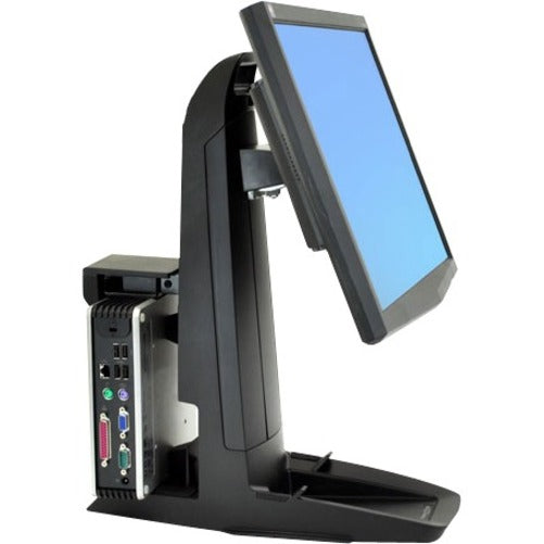 Ergotron Neo-Flex All-in-One stand showing adjustable monitor mount and integrated CPU housing compartment with visible ports