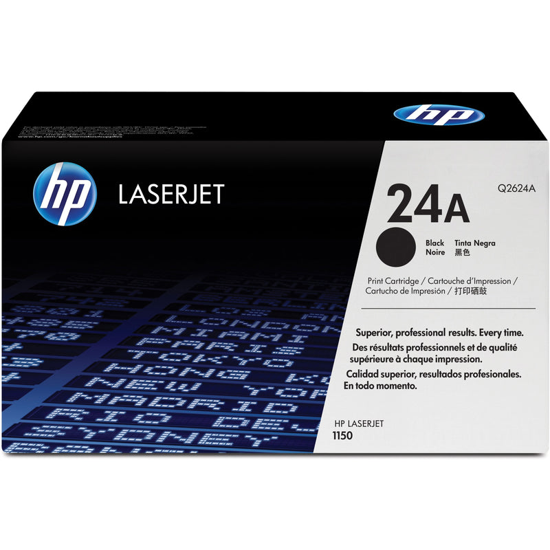 HP 24A Q2624A original black toner cartridge retail packaging featuring LaserJet branding and product specifications