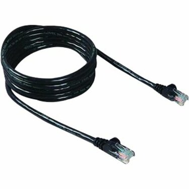 Black Belkin Cat6e network patch cable with RJ-45 connectors coiled showing both male ends