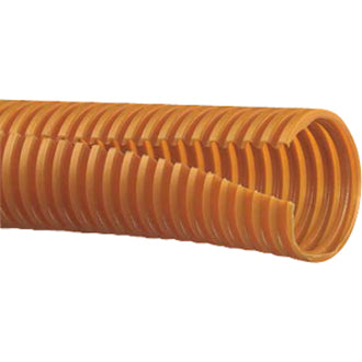 Orange corrugated loom tubing showing flexible ribbed construction for cable management