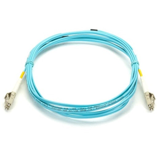 Black Box aqua-colored fiber optic patch cable with LC connectors displaying 10-foot length and duplex configuration