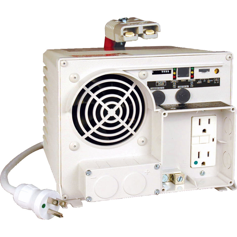 Tripp Lite EMS1250UL PowerVerter showing dual outlets, cooling fan, and power connections with white housing design