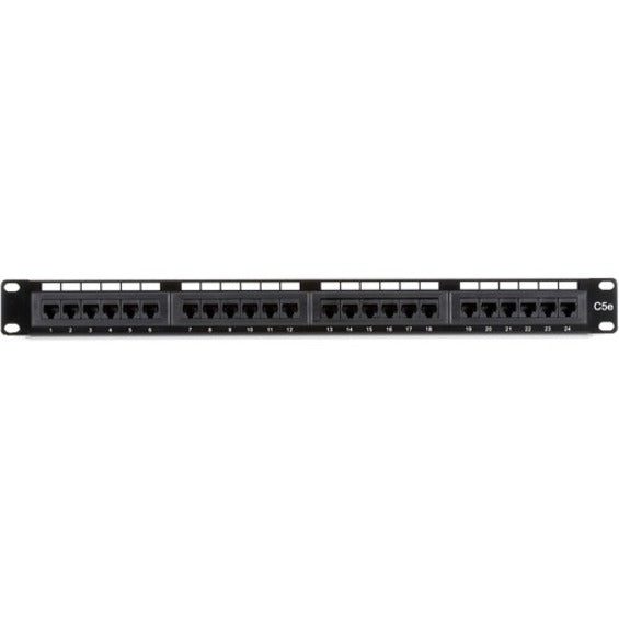 Black Box JPM5E24A 24-port CAT5e patch panel showing front view with RJ-45 ports in 1U rack-mount format