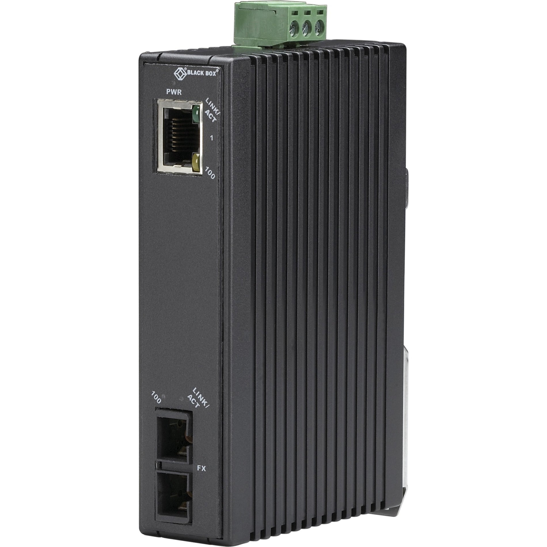 Black Box LMC270A-MM-SC Industrial Media Converter showing RJ-45 port, fiber optic port, and cooling fin design with power terminal block-alternate-image1