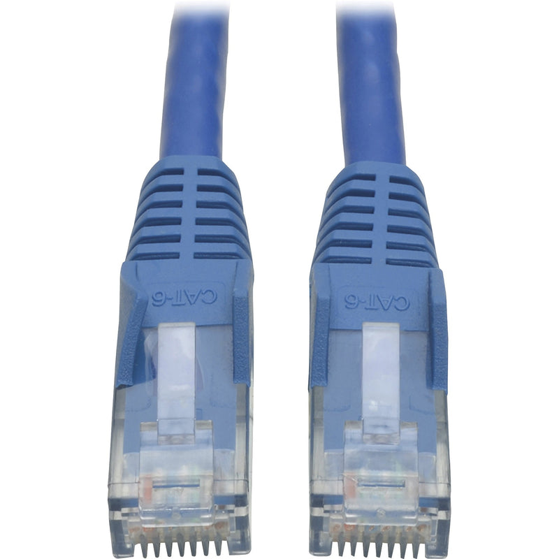 Close-up view of two blue Cat6 RJ45 connectors with snagless boots and transparent housings showing internal wiring