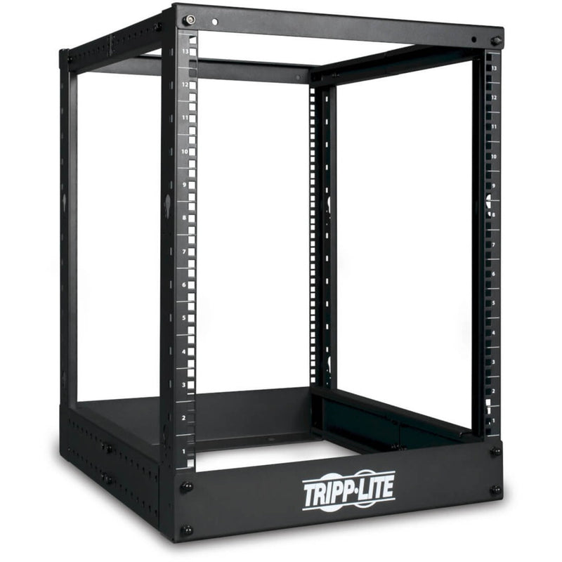 Tripp Lite SR4POST13 13U 4-post open frame rack with numbered mounting holes and black steel construction