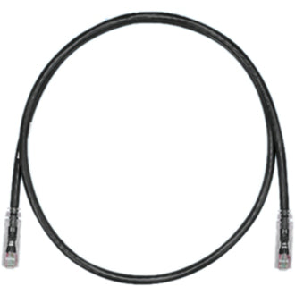 Black Panduit Cat.6 UTP network patch cable with clear boots and gold-plated RJ-45 connectors, coiled in circular shape