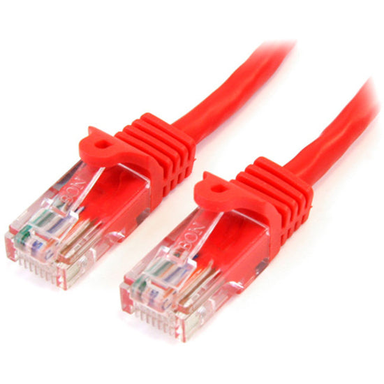 Close-up of red Cat5e ethernet cable showing transparent RJ45 connectors with snagless boots