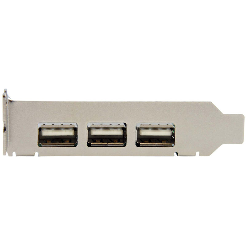 Close-up view of three USB ports on metal bracket of PCIe card