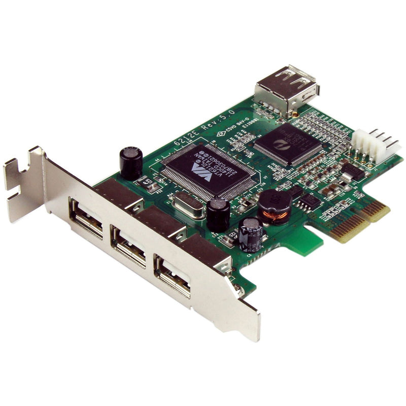 Top-down view of StarTech.com PCIe USB card showing three external USB ports and circuit board components