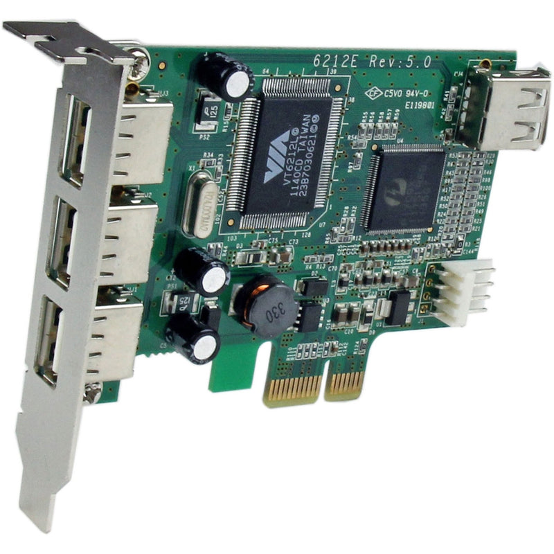 Angled perspective of PCIe USB card showing port arrangement and circuit components