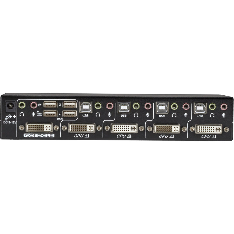 Rear panel view of Black Box ServSwitch DT DVI showing multiple DVI, USB, and audio ports