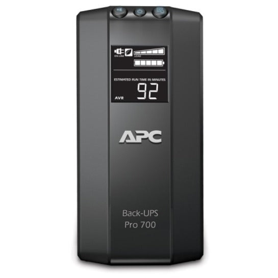 Front view of APC BR700G Back-UPS displaying LCD screen and control buttons