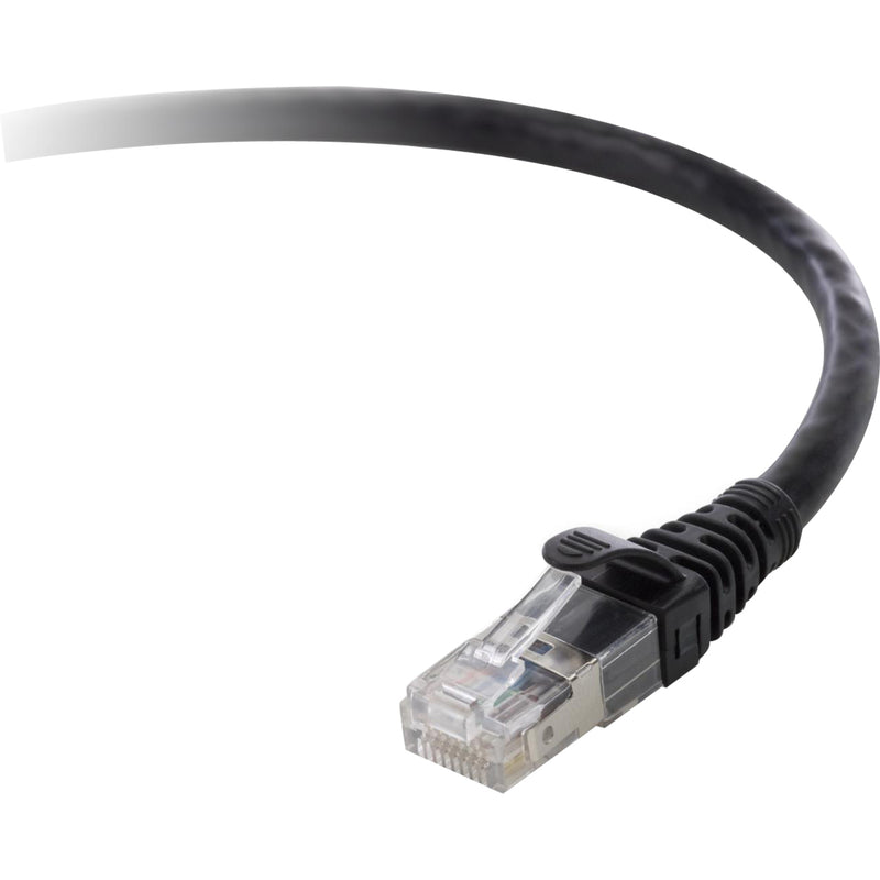 Close-up view of Belkin Cat.6 network cable with transparent RJ-45 connector and black snagless boot