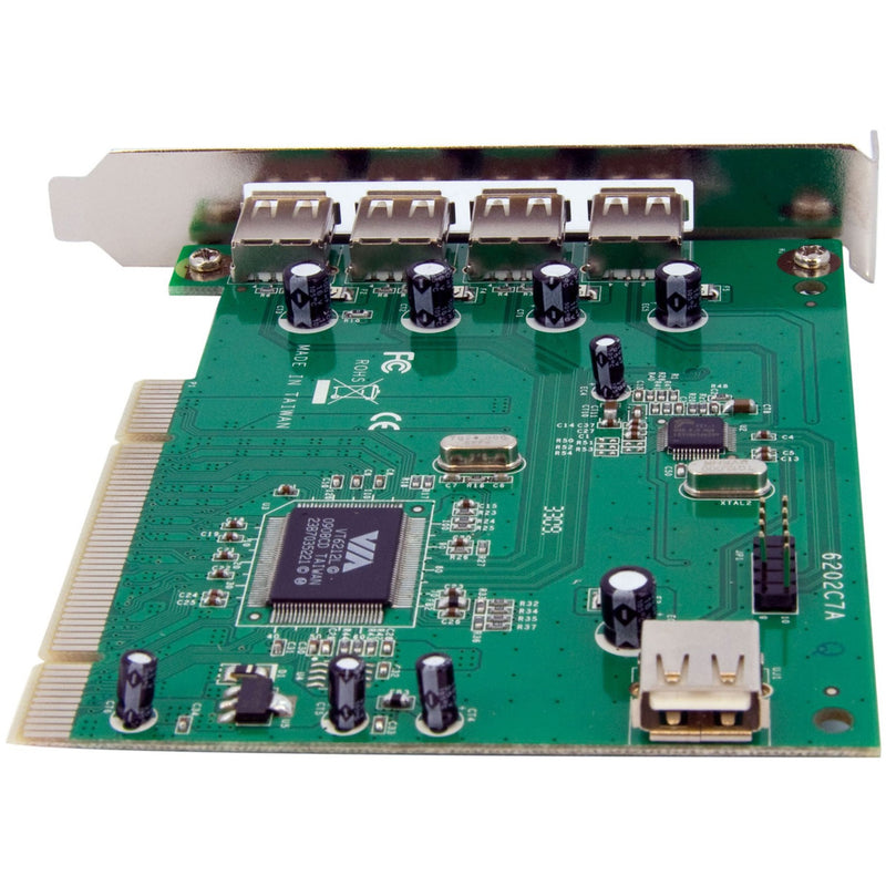 Angled view of PCIUSB7 card highlighting USB ports and power management components