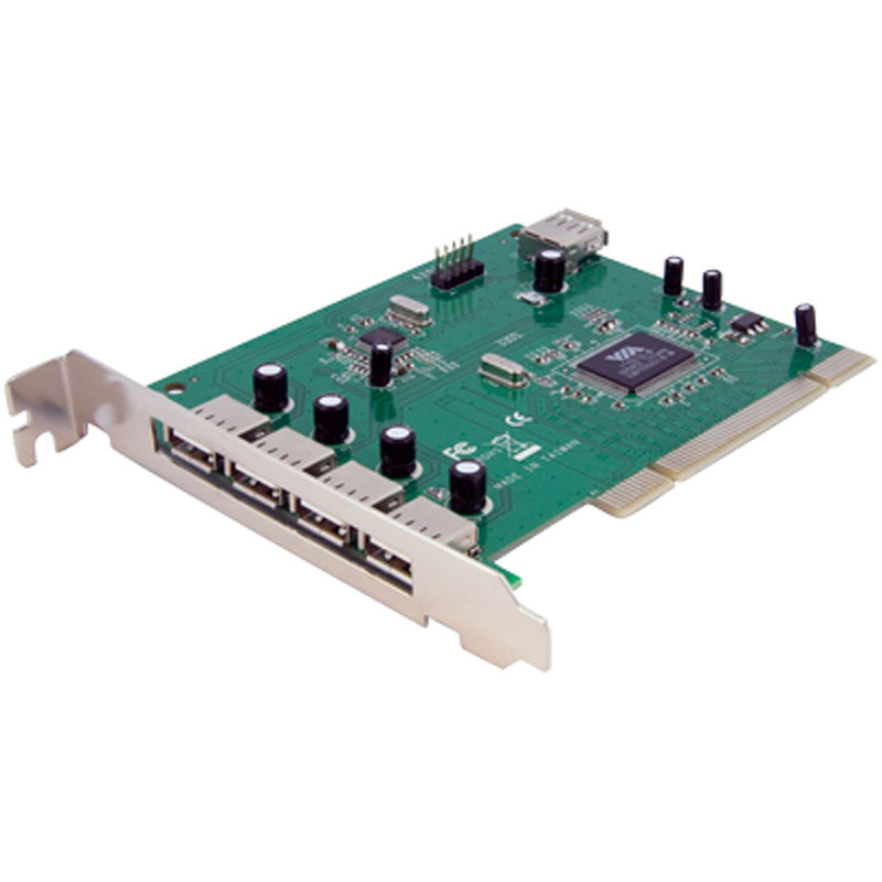 Top angled view of StarTech.com PCIUSB7 PCI USB card showing green PCB board with four external USB ports