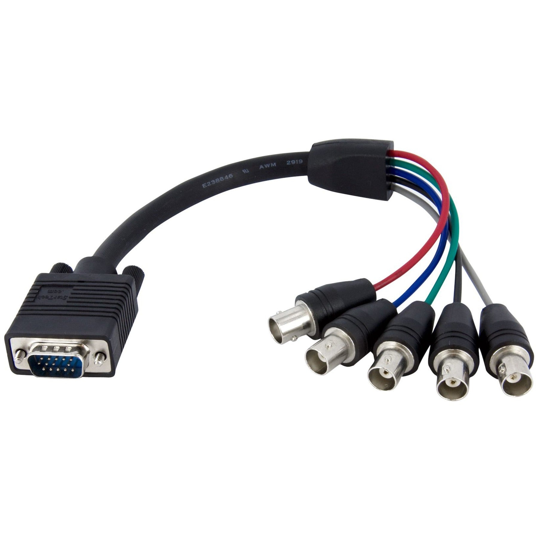 StarTech.com VGA to 5 BNC adapter cable showing HD15 connector and five color-coded BNC connectors-alternate-image1