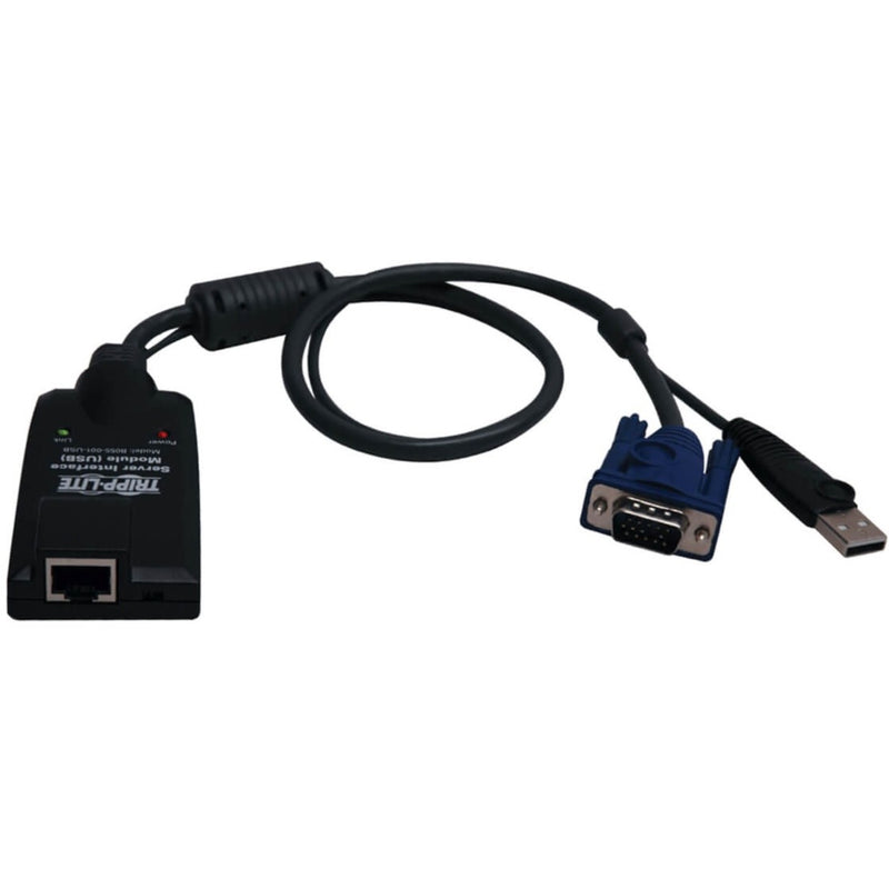 Tripp Lite B055-001-USB Server Interface Module showing RJ-45, USB, and HD-15 VGA connections with black housing and blue VGA connector