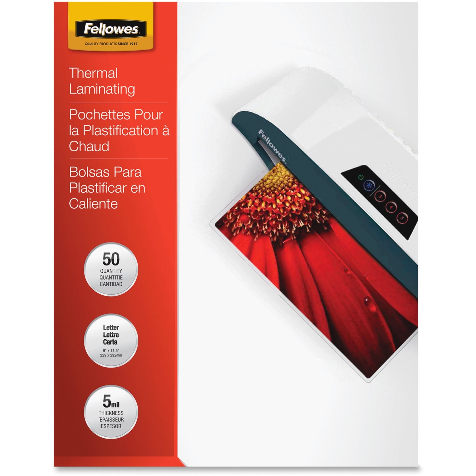 Close-up of Fellowes laminating pouch box showing product specifications-alternate-image6