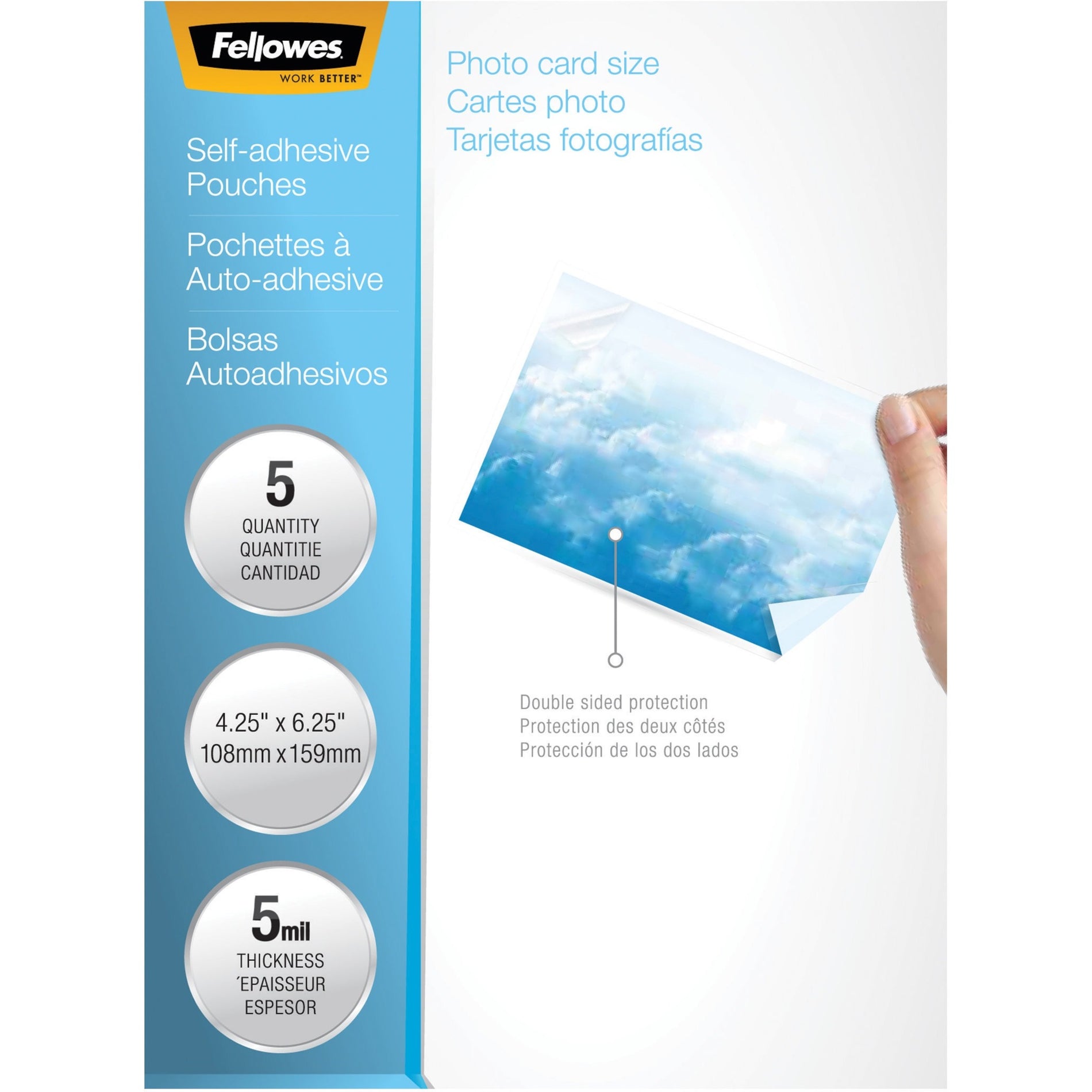 Fellowes self-adhesive photo pouches package showing product specifications and double-sided protection feature-alternate-image1