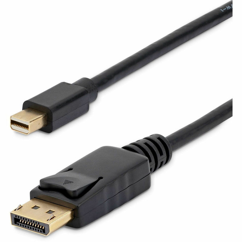 Close-up view of Mini DisplayPort and DisplayPort connectors with gold-plated terminals on black cable