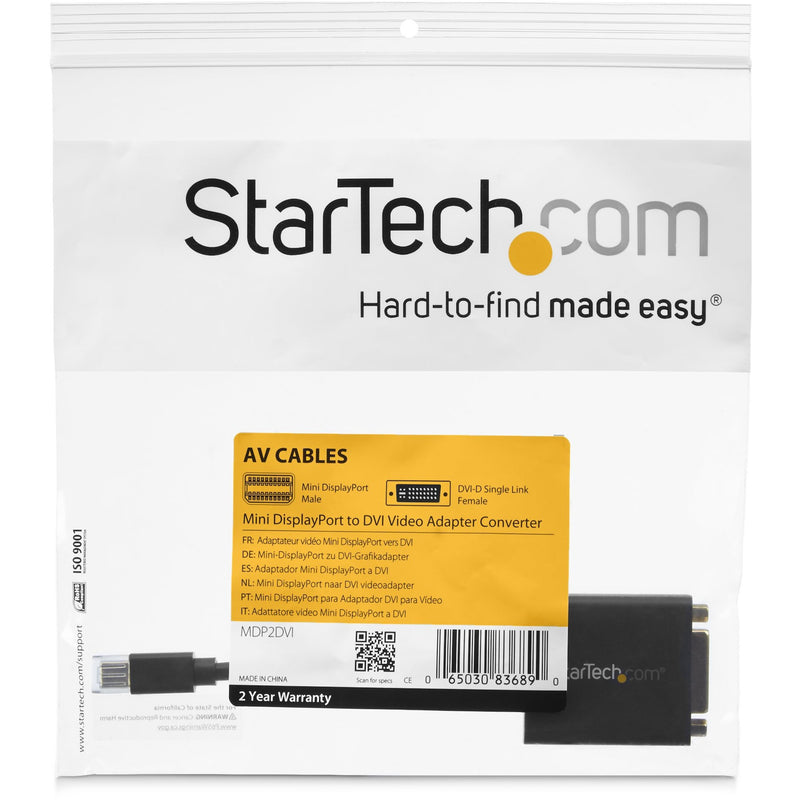 StarTech.com Mini DisplayPort to DVI adapter retail packaging showing specifications and warranty information