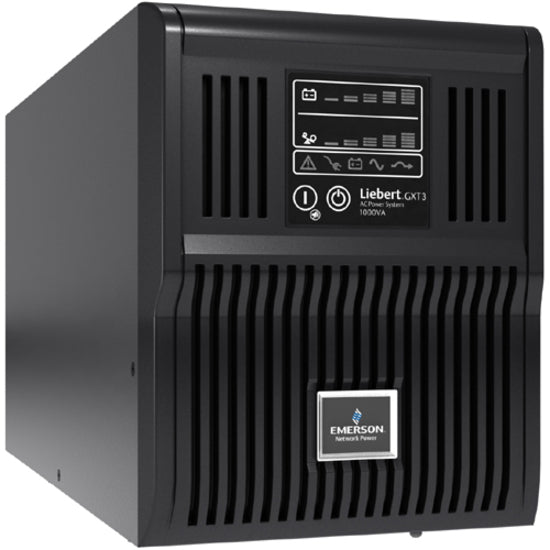 Front view of Liebert GXT3-1000MT120 UPS showing LCD display panel, ventilation grills, and Emerson logo