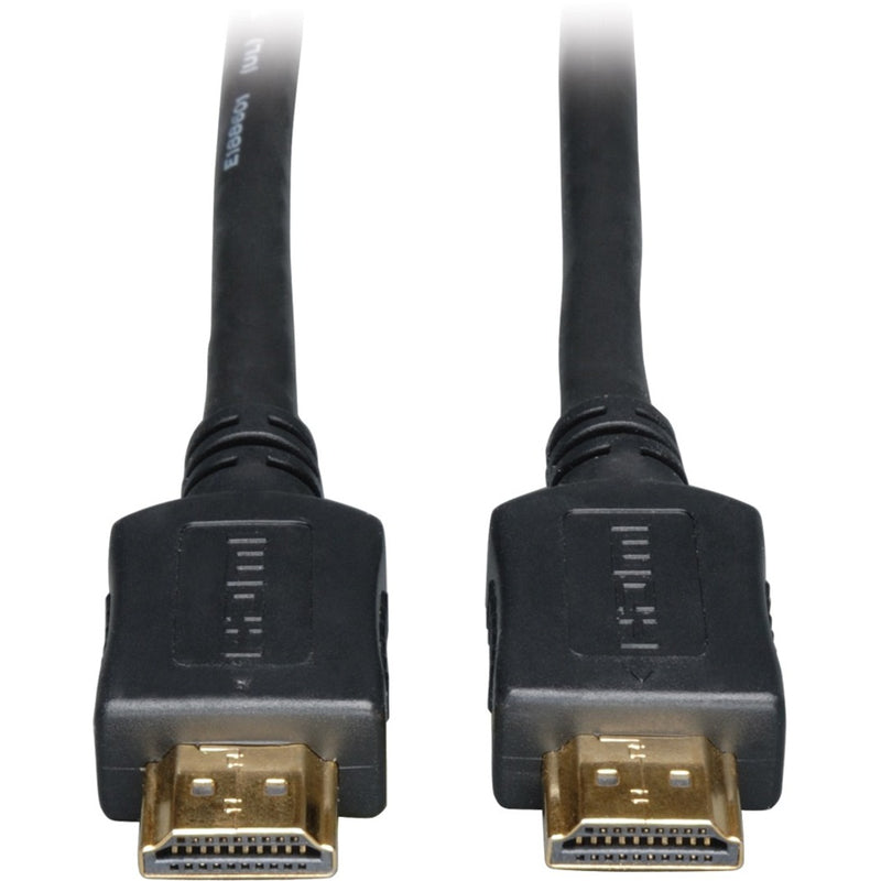 Close-up view of gold-plated HDMI connectors on Tripp Lite P568-100-HD cable showing premium construction and shielding