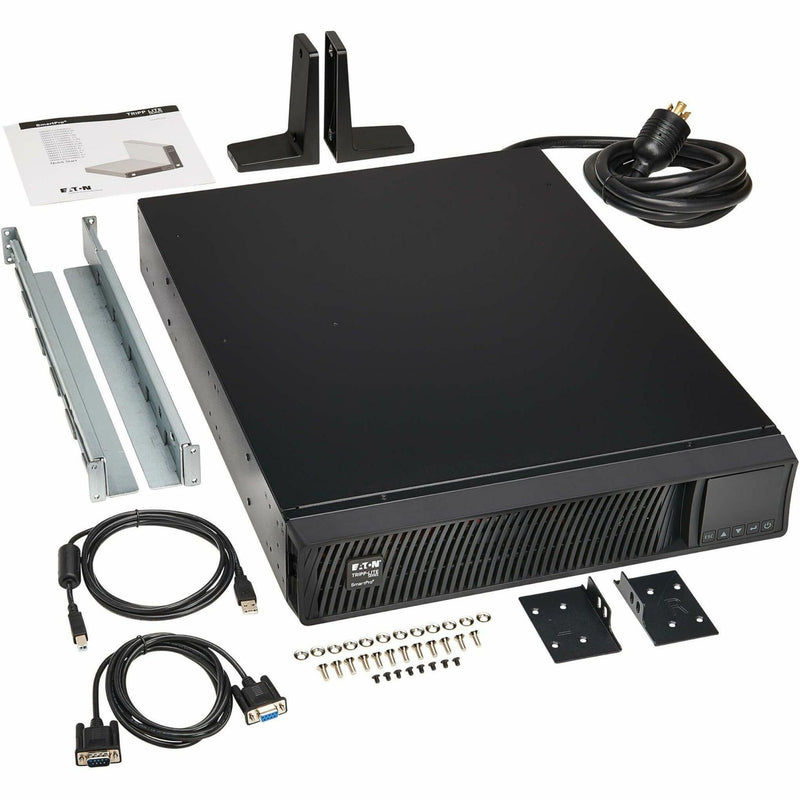 Complete package contents of Tripp Lite SMART3000RMXL2U UPS system including mounting hardware, cables, and documentation