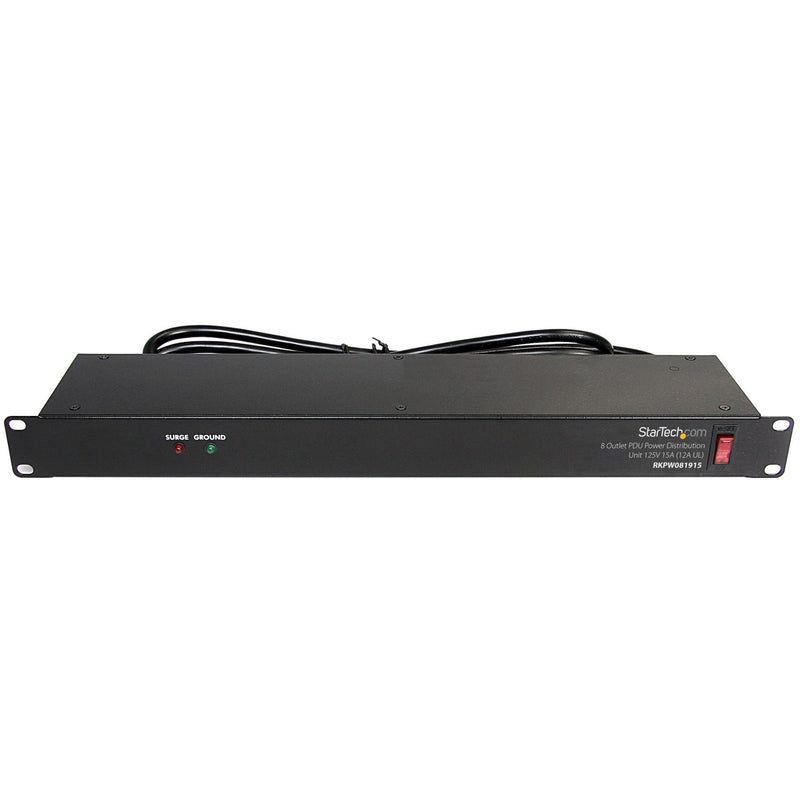 Front view of StarTech.com 1U rackmount PDU showing LED indicators for surge and ground status with power switch