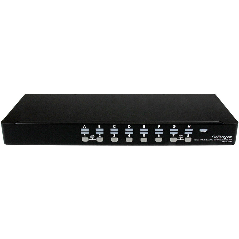 Angled view of StarTech.com KVM switch showing slim profile and professional design