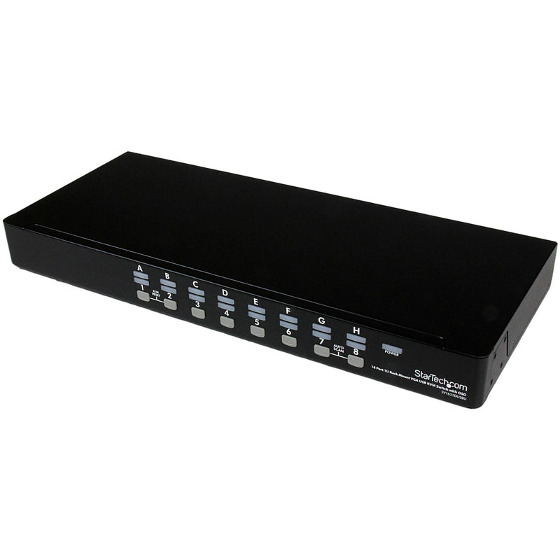 Front view of StarTech.com 16-port KVM switch showing push-button controls and LED indicators