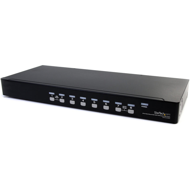 Front view of StarTech.com 8-port KVM switch showing numbered selection buttons and power control