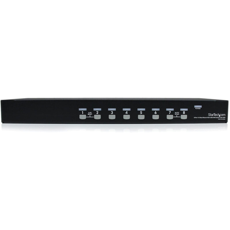 Top view of StarTech.com 8-port KVM switch showing button layout and device dimensions