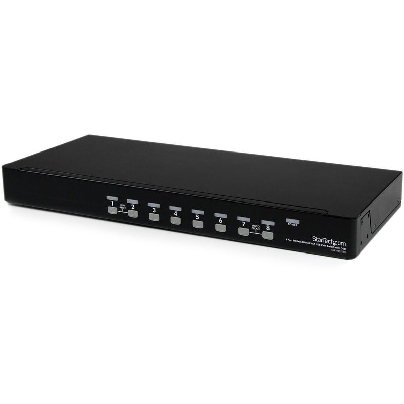 Front view of StarTech.com 8-port USB KVM switch showing numbered selection buttons and power indicator